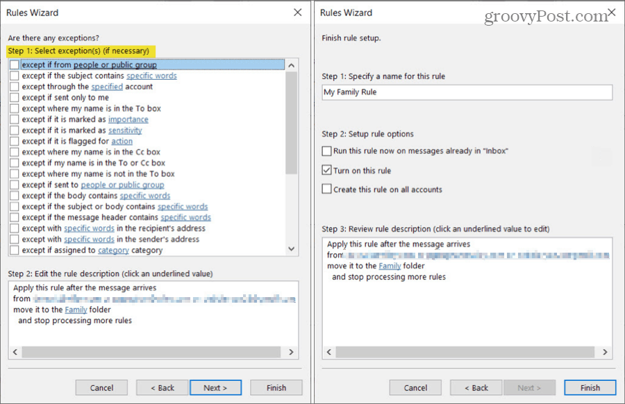 Mover correos electrónicos de la regla de Outlook de personas con excepciones