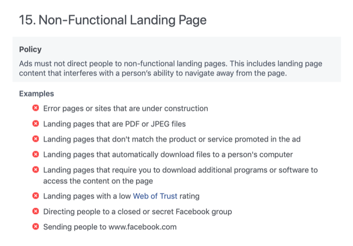 Sección de página de destino no funcional de las políticas publicitarias de Facebook