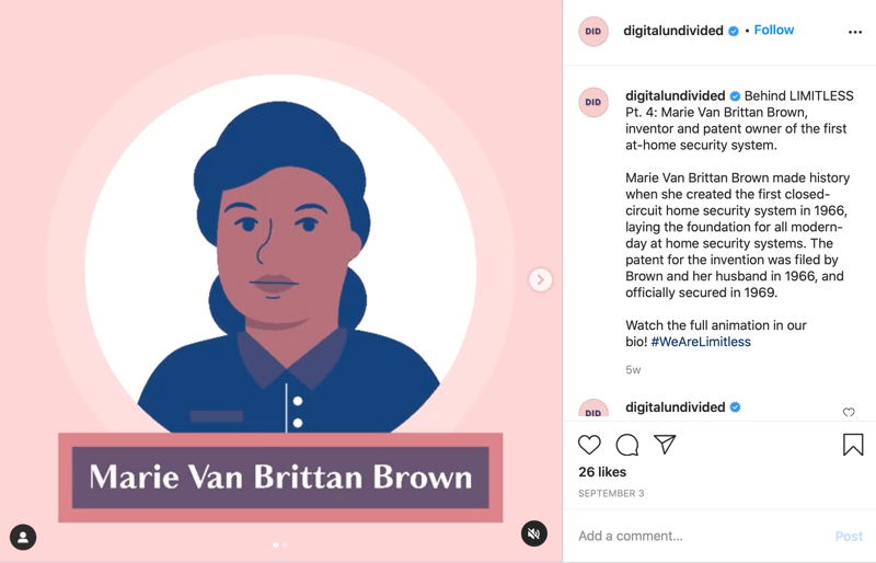 ejemplo de un fragmento de publicación mp4 compartido en instagram que destaca a marie van brittan brown como pt. 4 en la serie #wearelimitless