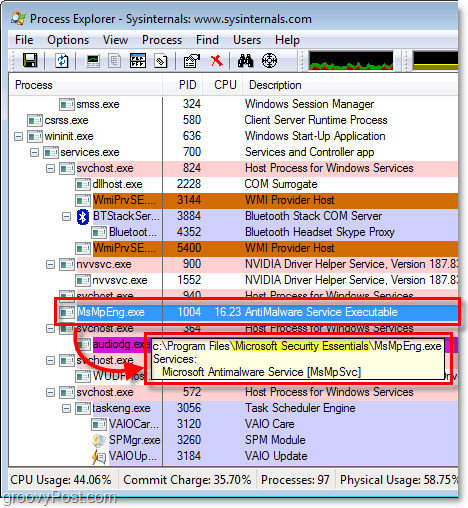 msmpeng.exe en el explorador de procesos de Windows 7