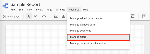 Para filtrar datos y crear grupos que puede usar, haga clic en Recurso en la barra de menú y seleccione Administrar filtros en el menú desplegable.