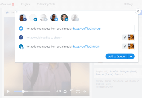 Herramientas como Buffer pueden ayudarlo a compartir videos de Facebook Live en múltiples plataformas de redes sociales.