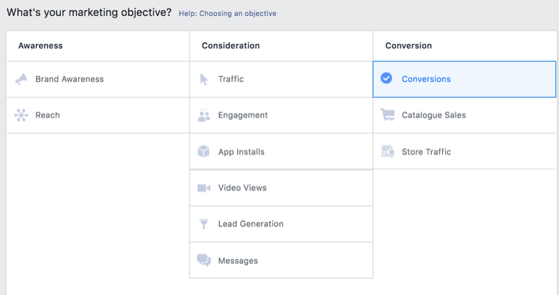 opción en el administrador de anuncios de Facebook para seleccionar conversiones como objetivo de marketing