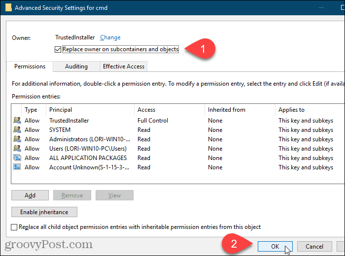 Marque la casilla Reemplazar propietario en subcontenedores y objetos en el cuadro de diálogo Configuración de seguridad avanzada en el Editor del registro de Windows