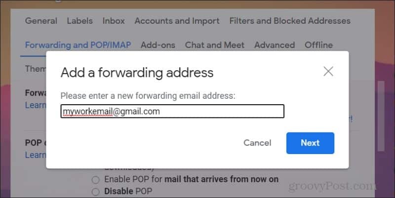 captura de pantalla de agregar reenvío de correo electrónico