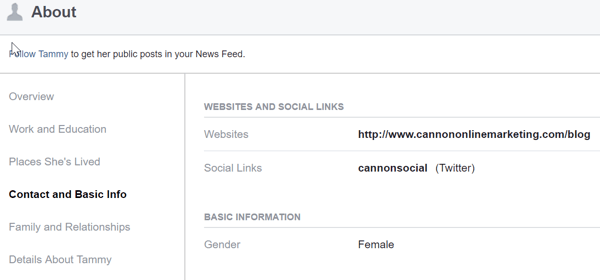 En la sección Acerca de de su perfil personal de Facebook, comparta el sitio web de su empresa y los enlaces a las plataformas sociales donde está activa su empresa.