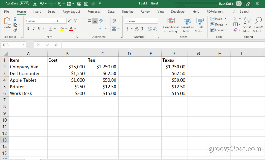 celdas de fórmula copiadas y pegadas en Excel