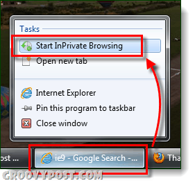 ie9 navegación privada desde la barra de tareas de windows 7