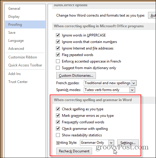 Word 2013 configura la gramática y la configuración de estilo