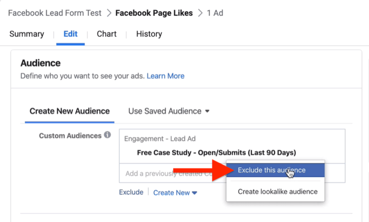 Excluir esta opción de audiencia en la sección de audiencia de la configuración de la campaña de Facebook