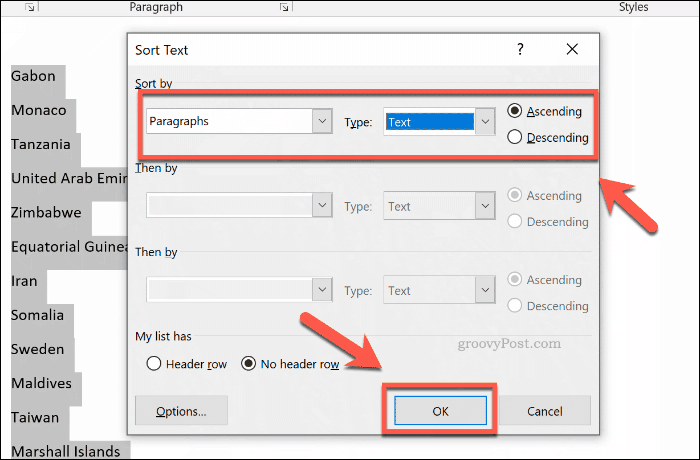 El cuadro de opciones Ordenar en Word