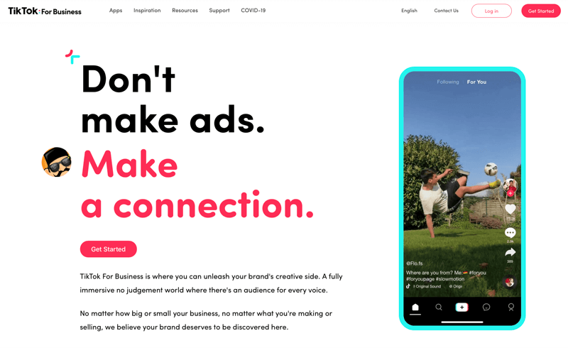 captura de pantalla de tiktok para empresas que indica 'no haga anuncios. hacer una conexión.'