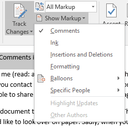 comentarios de Microsoft Word Print solo sin cambios de pista