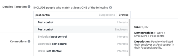 Ejemplo de segmentación estándar de Facebook para el control de plagas de interés que da como resultado una audiencia demasiado pequeña, de 2500.