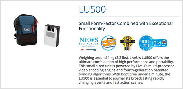 Luria Petrucci usa la mochila LU500 para transmitir videos de irl en vivo en Twitch. La página de ventas de LiveU dice que este dispositivo de transmisión tiene un factor de forma pequeño combinado con una funcionalidad excepcional. Varios premios de productos aparecen debajo de esta descripción.