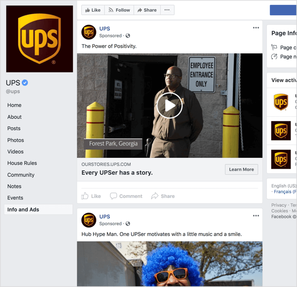 Si observa los anuncios de Facebook de UPS, está claro que están usando la narración y el atractivo emocional para crear conciencia de marca.