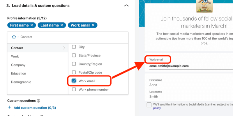 captura de pantalla del campo Correo electrónico del trabajo seleccionado para el formulario de generación de clientes potenciales en la configuración de anuncios de LinkedIn