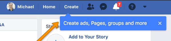 Facebook parece haber implementado un nuevo botón de menú en la barra de navegación superior que permite a los usuarios crear rápida y fácilmente una página, un anuncio, un grupo y más.