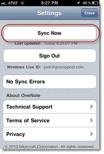 Sincronizar manualmente iPhone OneNote