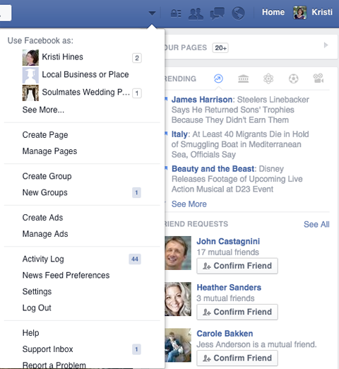flecha del menú de gestión de páginas de facebook