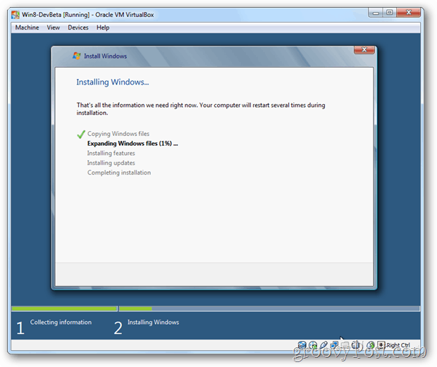 VirtualBox Windows 8 instalando la pantalla de Windows