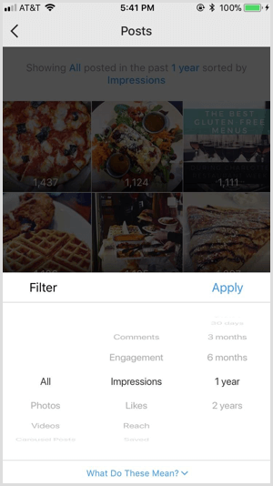 Filtros de publicaciones de Instagram Insights