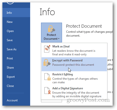 Proteger con contraseña y cifrar documentos de Office 2013: haga clic en Cifrar con contraseña