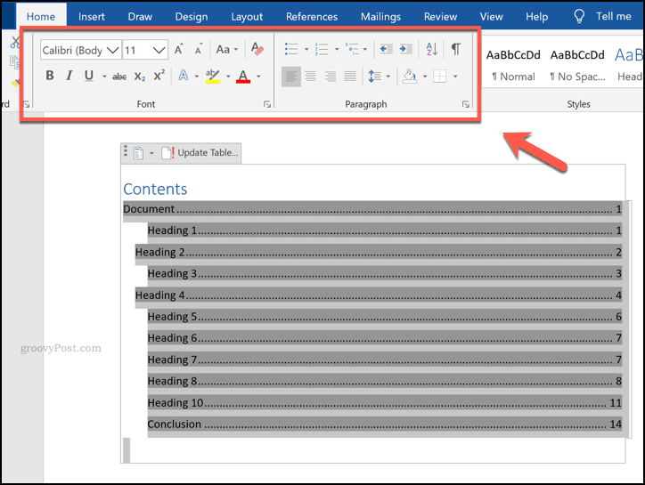 Formatear una tabla de contenido en Word