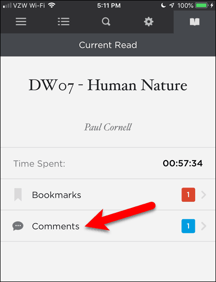 Toque Comentarios en BookFusion para iOS