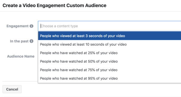 Audiencia personalizada de participación de anuncios de video de optimización de ThruPlay de Facebook.