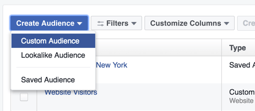 Vaya a la sección Audiencias y seleccione la opción para crear una audiencia personalizada de Facebook.