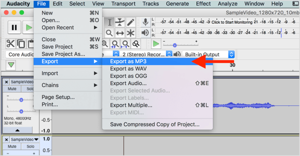 Elija Archivo> Exportar> Exportar como MP3 para descargar el archivo de audio de Audacity.