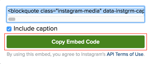 Haga clic en el botón verde para copiar el código de inserción de la publicación de Instagram.