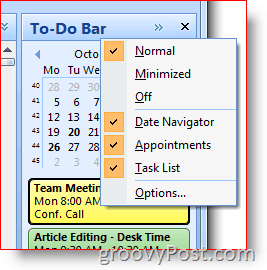 Barra de tareas de Outlook 2007: haga clic con el botón derecho para elegir opciones