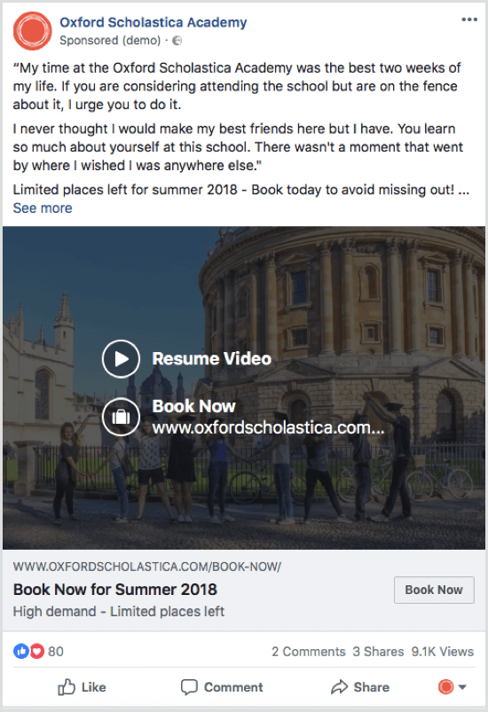 Ejemplo de anuncio testimonial de Facebook