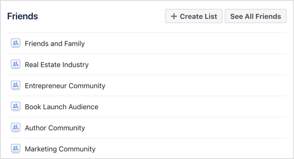 Seleccione la lista de amigos de Facebook que desea ver.
