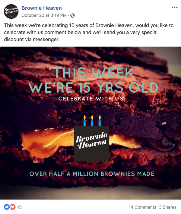 Ejemplo de publicación de Facebook con una oferta de Brownie Heaven.