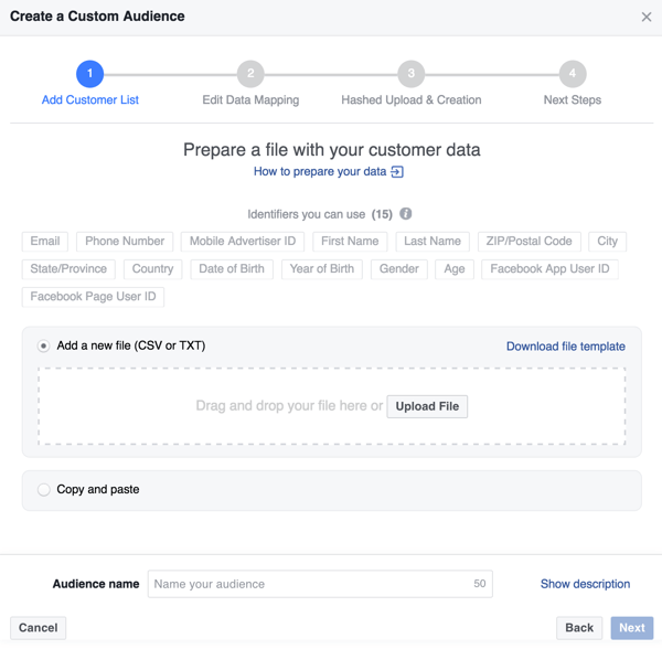 Sube un archivo de cliente .csv o .txt para crear tu audiencia personalizada de Facebook.