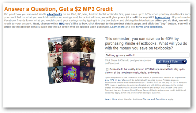 Obtenga un crédito Amazon MP3 de $ 2 por una publicación de Facebook