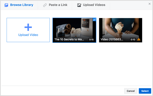 Facebook crear anuncio de video seleccionar video