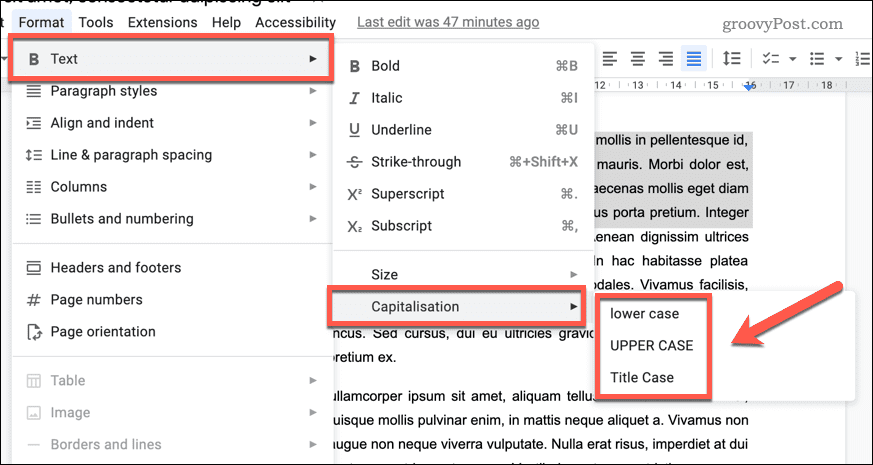 Cambiar el uso de mayúsculas en Google Docs