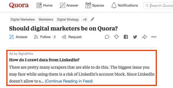 Ejemplo de marketing en Quora con un anuncio pago.