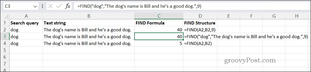 Ejemplo de fórmula ENCONTRAR en Excel