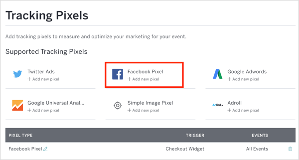 En Eventbrite, haga clic en Facebook Pixel e ingrese su ID de píxel y otros detalles.