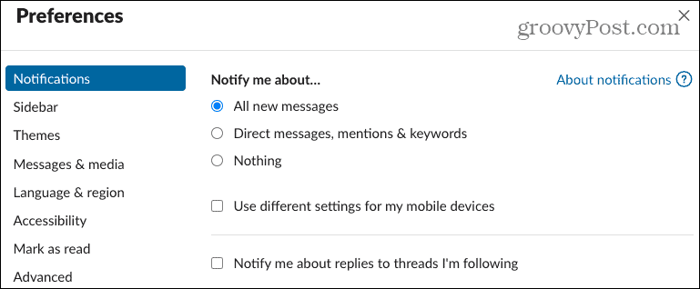 Notificaciones de preferencias en Slack Desktop