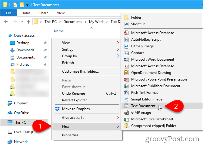Vaya a Nuevo> Documento de texto en el Explorador de archivos de Windows