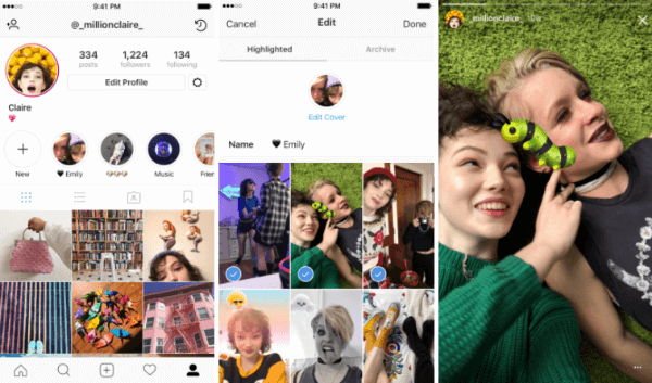 Instagram Stories Highlights permite a los usuarios seleccionar y agrupar historias pasadas en colecciones con nombre.