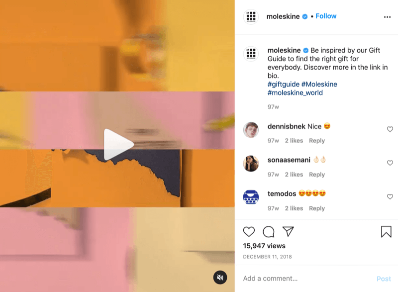 ejemplo de una publicación de video con una idea de regalo de Instagram de @moleskine con una llamada a la acción que dirige a los espectadores al enlace de la biografía para obtener más información