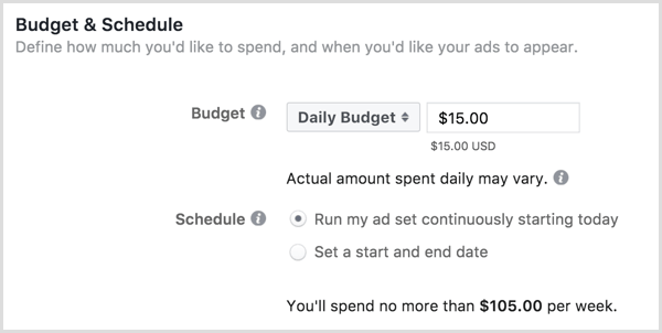 Presupuesto y programación de anuncios de Facebook