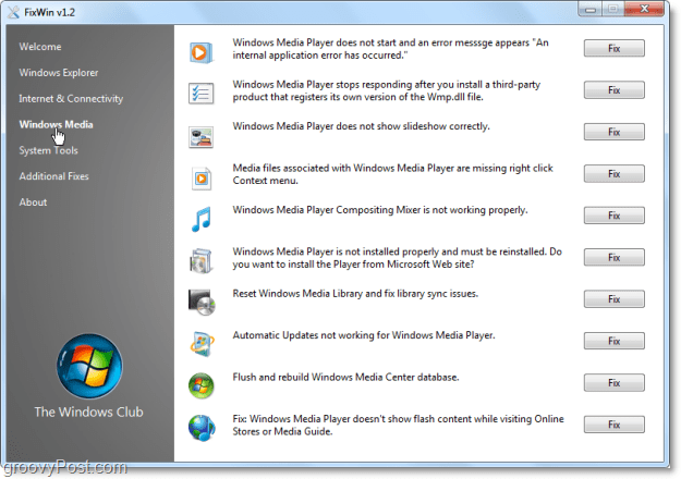 Captura de pantalla de FixWin Windows Meda corrige